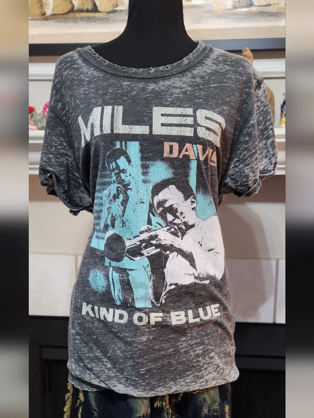Recycled Karma Miles Davis Graphic Tee - Gray with Blue Print